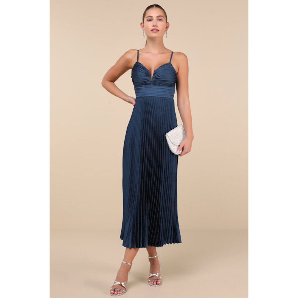 Lulus Fabulous Perfection Navy Blue Satin Pleated Midi Dress - Size M